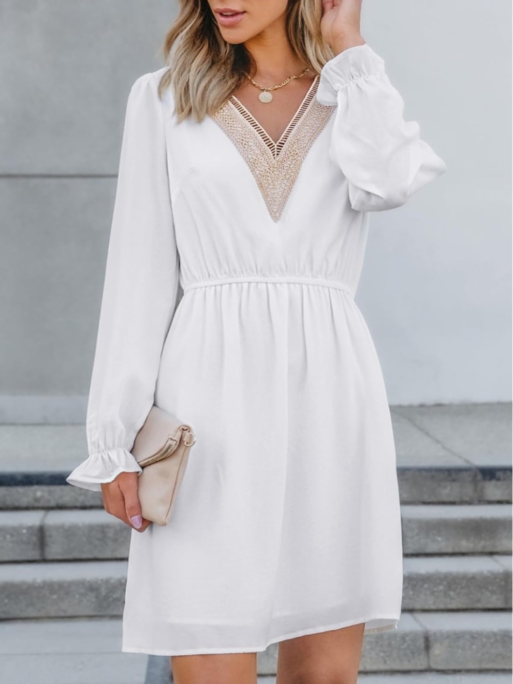 V-Neck White Long Sleeve Dress with Lace Trim